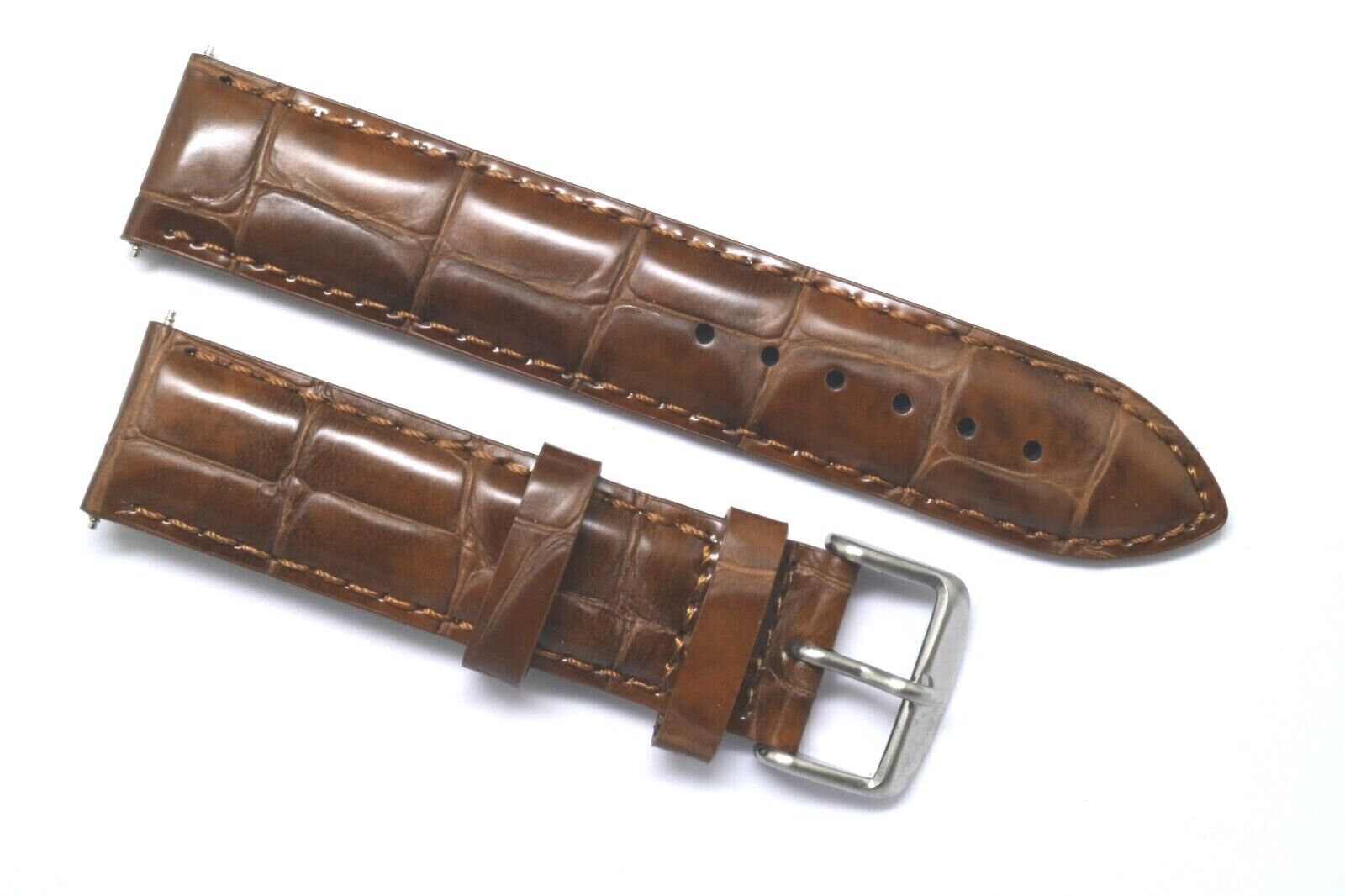20mm 22mm Brown Croco Embossed Leather Padded Men Watch Band Silver Tone Buckle