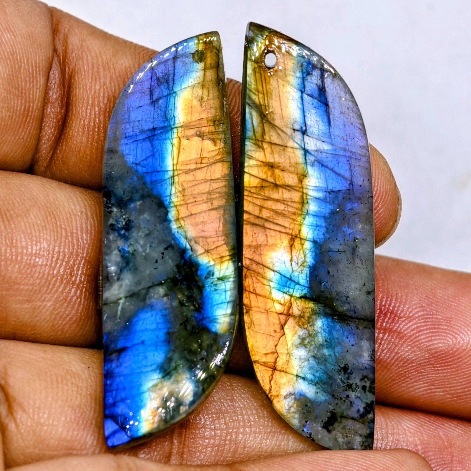55 Cts Natural Labradorite Drilled Match Pair Cabochon Gemstone 47.4 X 14.2 MM