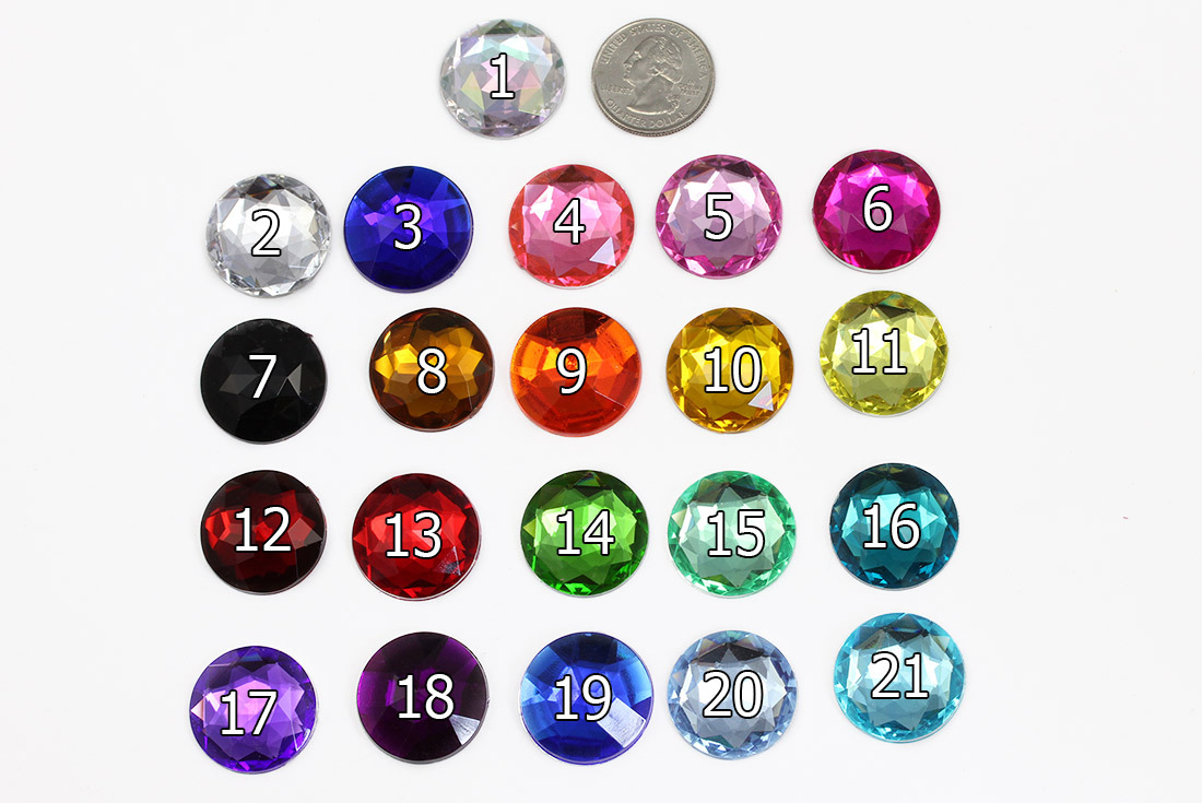 25mm Flat Back Round Acrylic Jewels Plastic Rhinestones 20 Pieces – 21 Colors