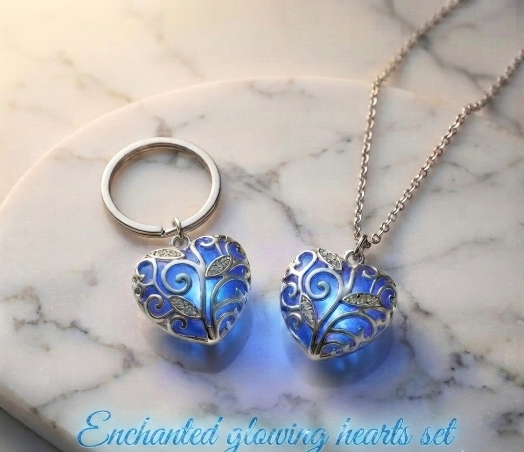 glowing heart necklace with matching key ring.