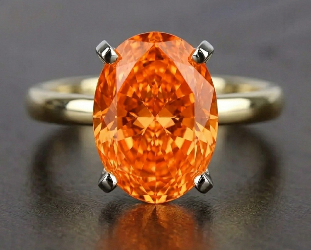 8.00 Ct Certified Oval Shape Natural Orange Diamond Ring VVS1 Yellow Gold Finish