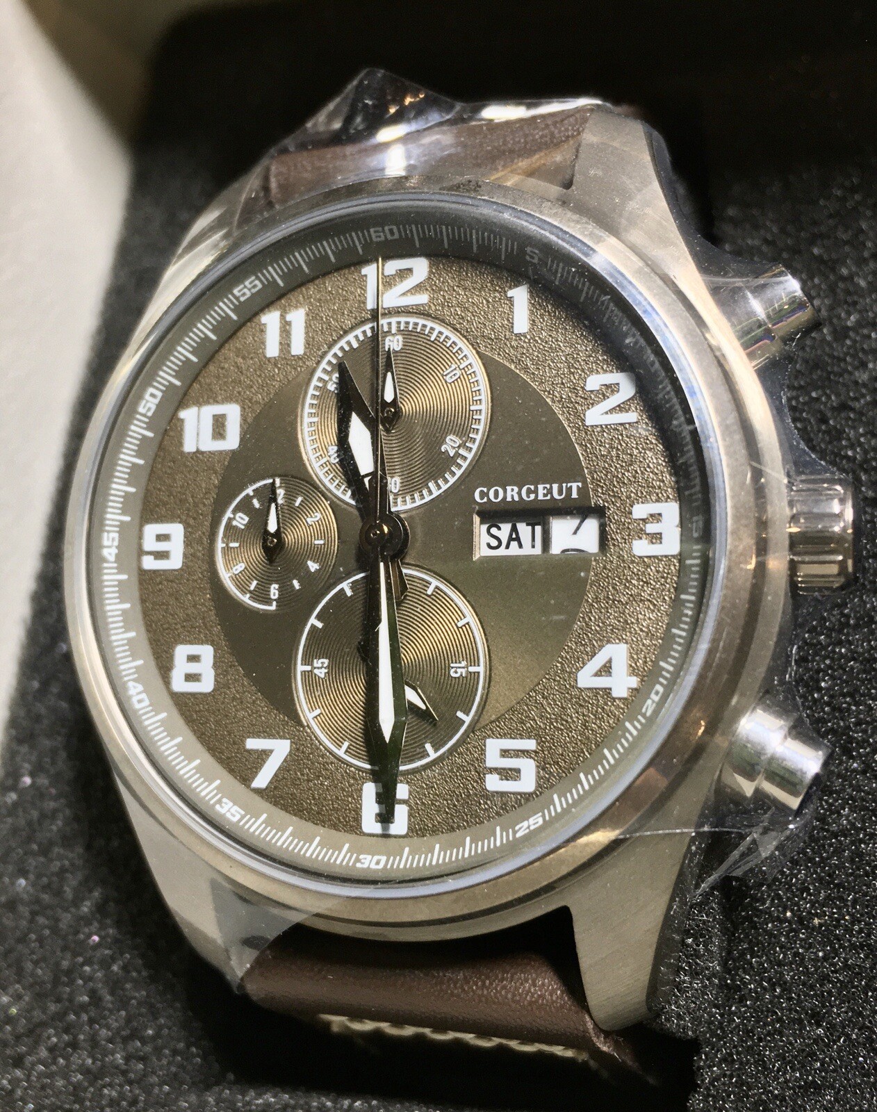 CORGEUT BRONZE DIAL CHRONO WATCH STAINLESS STEEL DAY DATE QUARTZ PILOT WATCH NEW