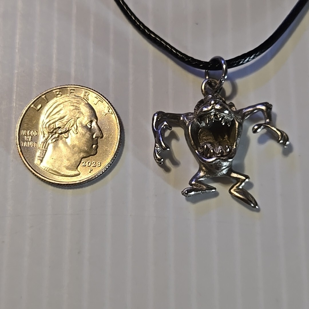 TAZ SIX FLAGS Vintage Pewter Pendant Charm / 26+” Adjustable Necklace