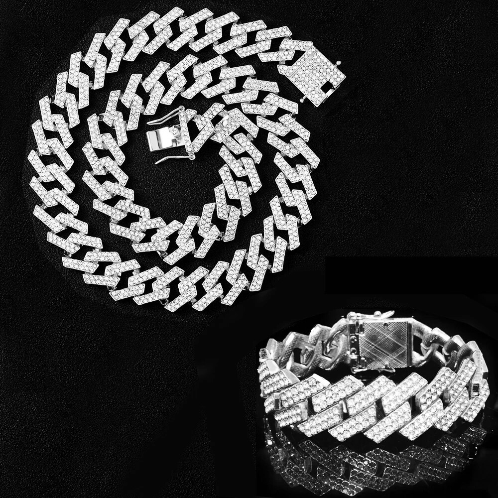 Hip Hop Simulated Diamond Luxury Watch Iced Cuban Chain Cross Necklace Bracelet