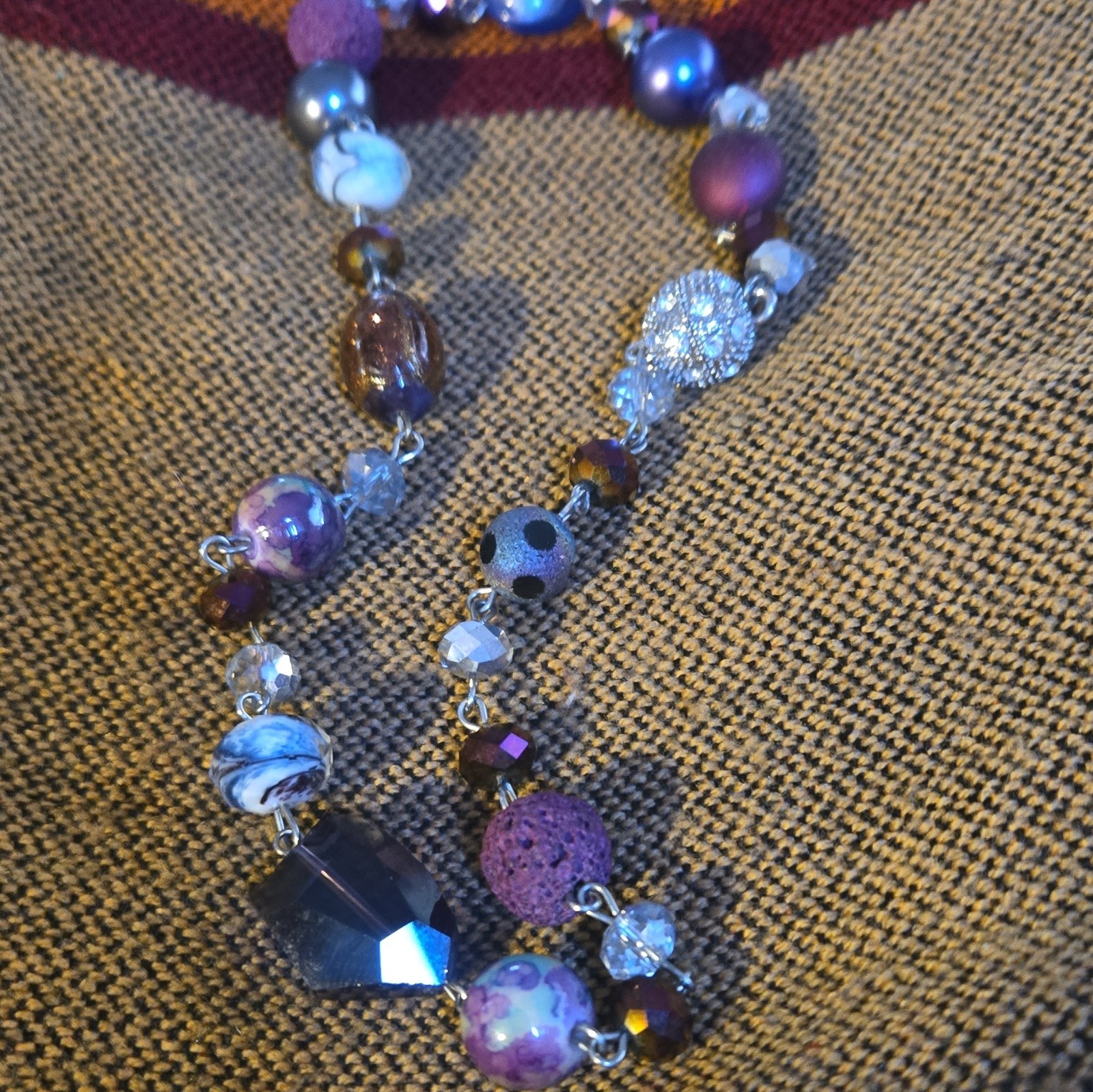 Purple Blue Silver Beaded Necklace Glass Beads Crystal Accents Ball/Bead