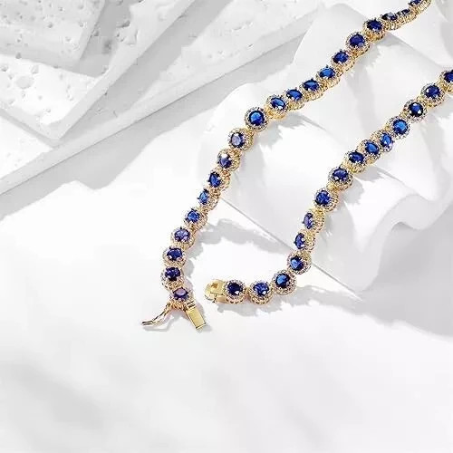 24Ct Round Cut Lab Created Blue Sapphire Tennis Necklace 14K Yellow Gold Plated