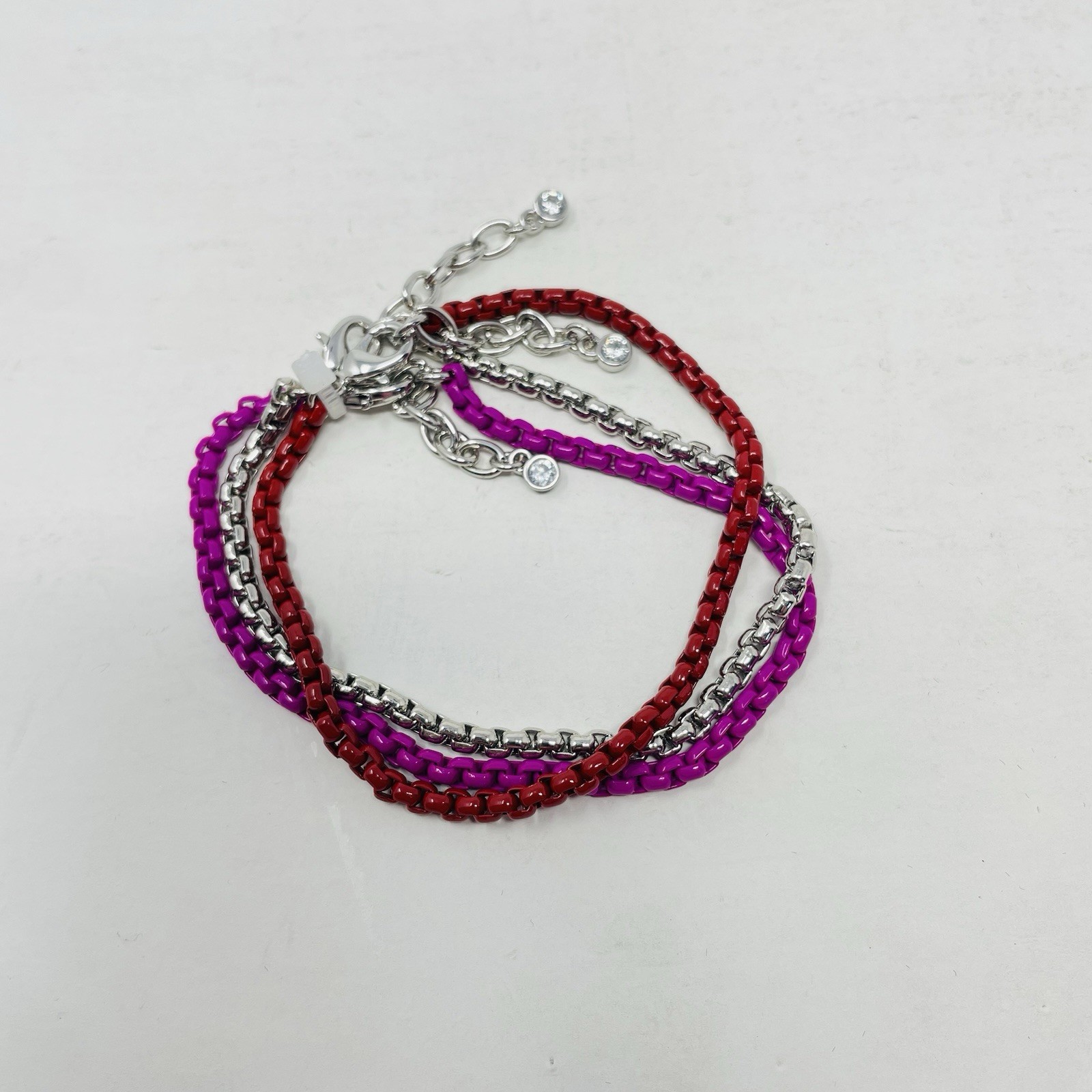 On 34th Womens 3 Piece Set Color-Coated Link Bracelets in Red/Pink/Silver