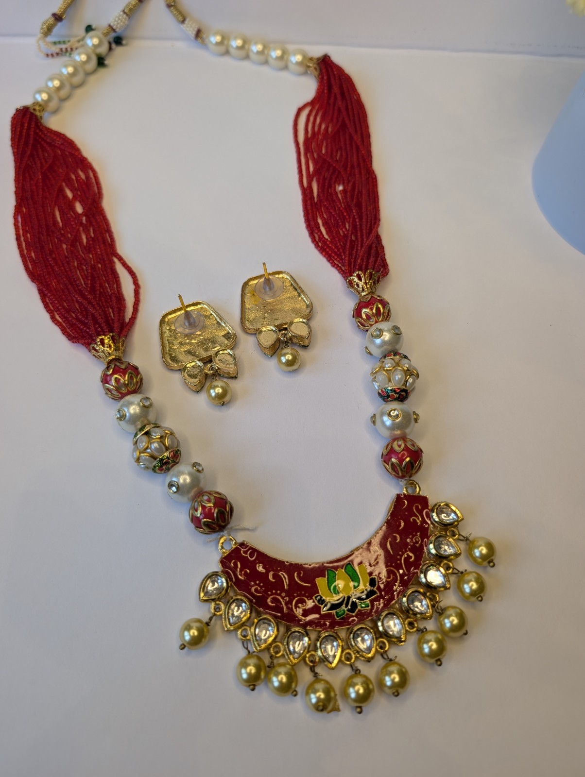 Handmade Lotus Thread Necklace Set Red Meenakari Pearl Indian Ethnic Jewelry