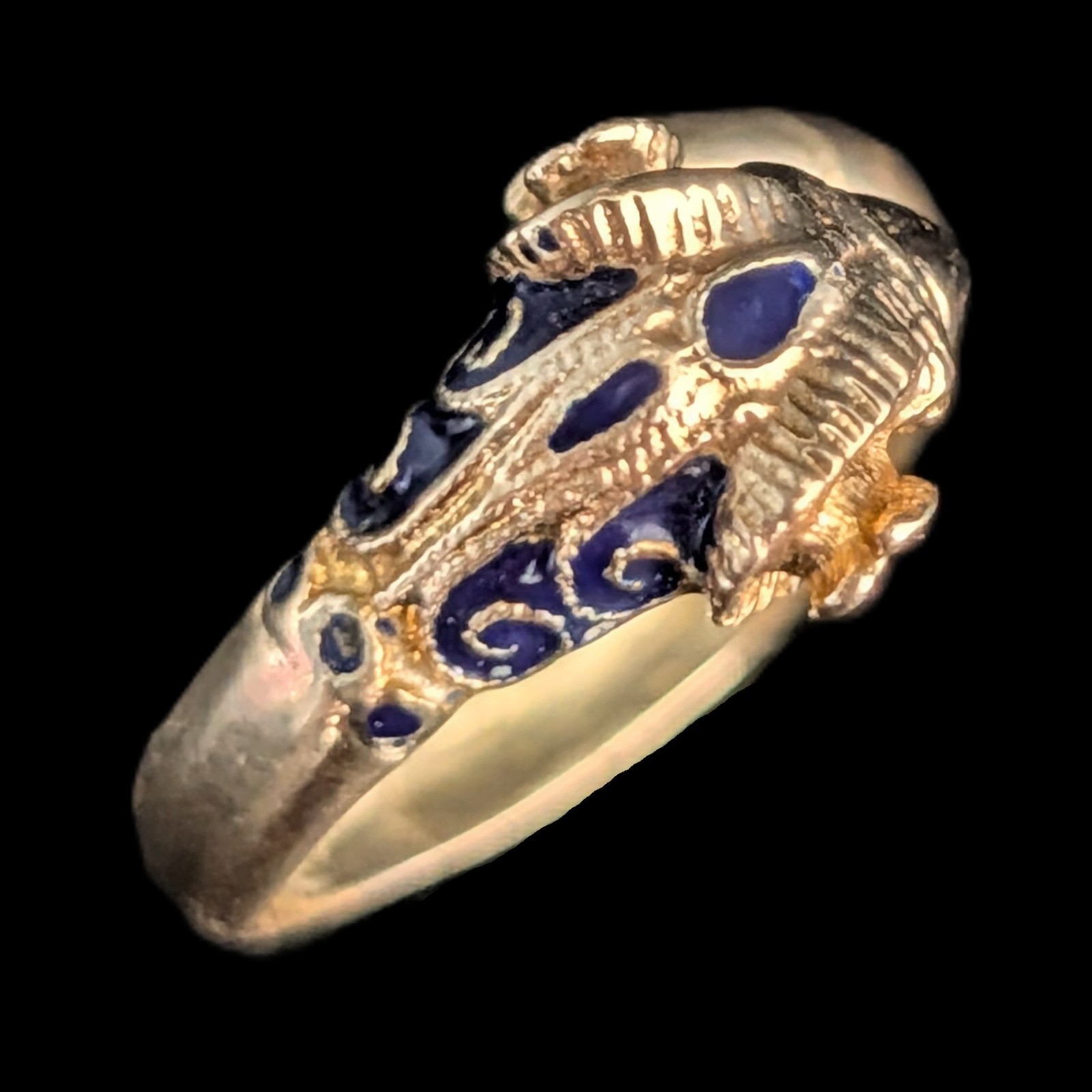 1970s Vintage 14k Gold Enamel Ram Head Bypass Ring Wrap Cocktail Gift Estate