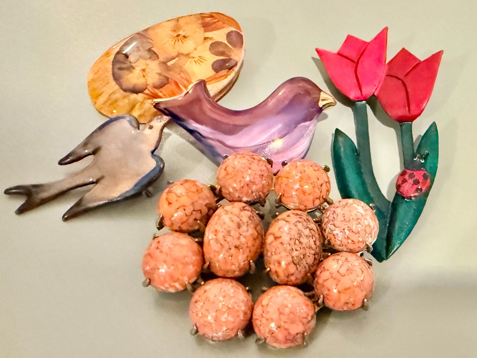 Vintage Brooch Lot of 5– Enamel, Faux Coral Cluster, Resin, Ceramic, Leather