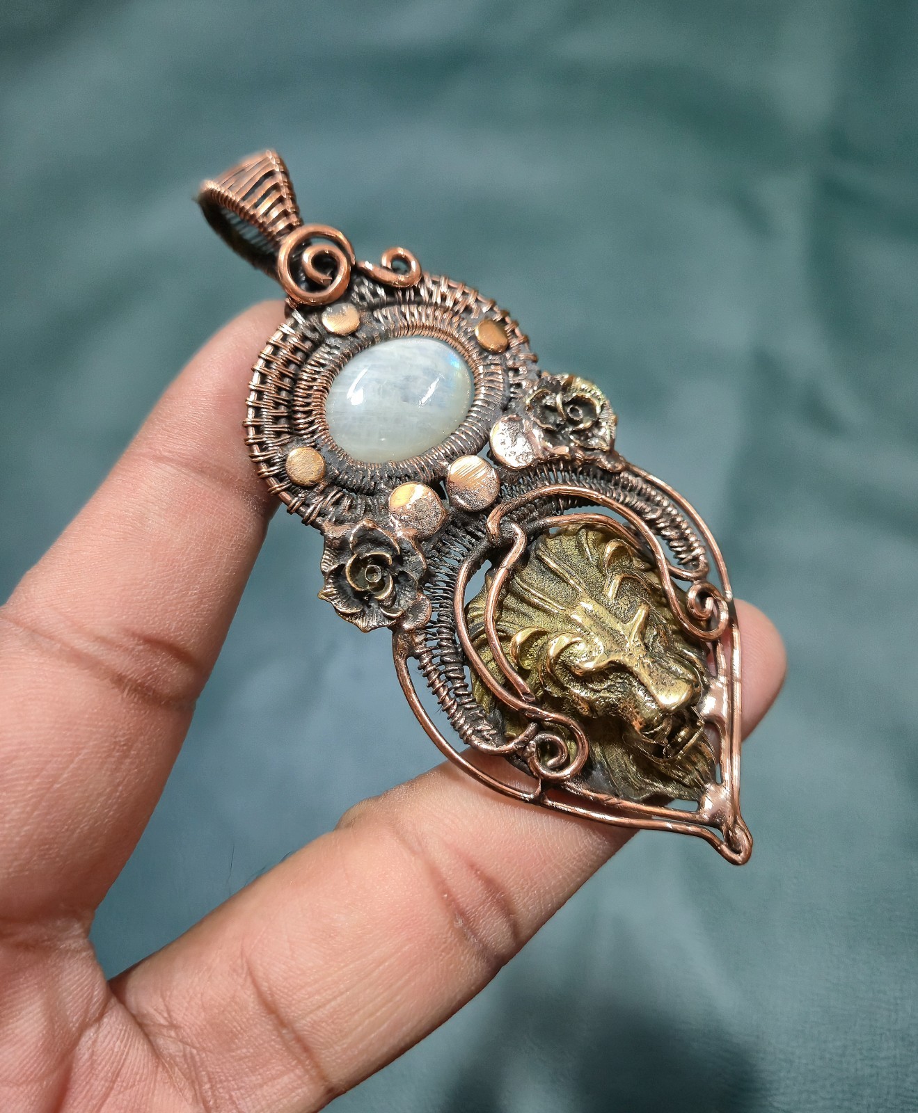 Moonstone Lion Face Pendant Wire Wrapped Pendant Handmade Jewelry Wedding gift