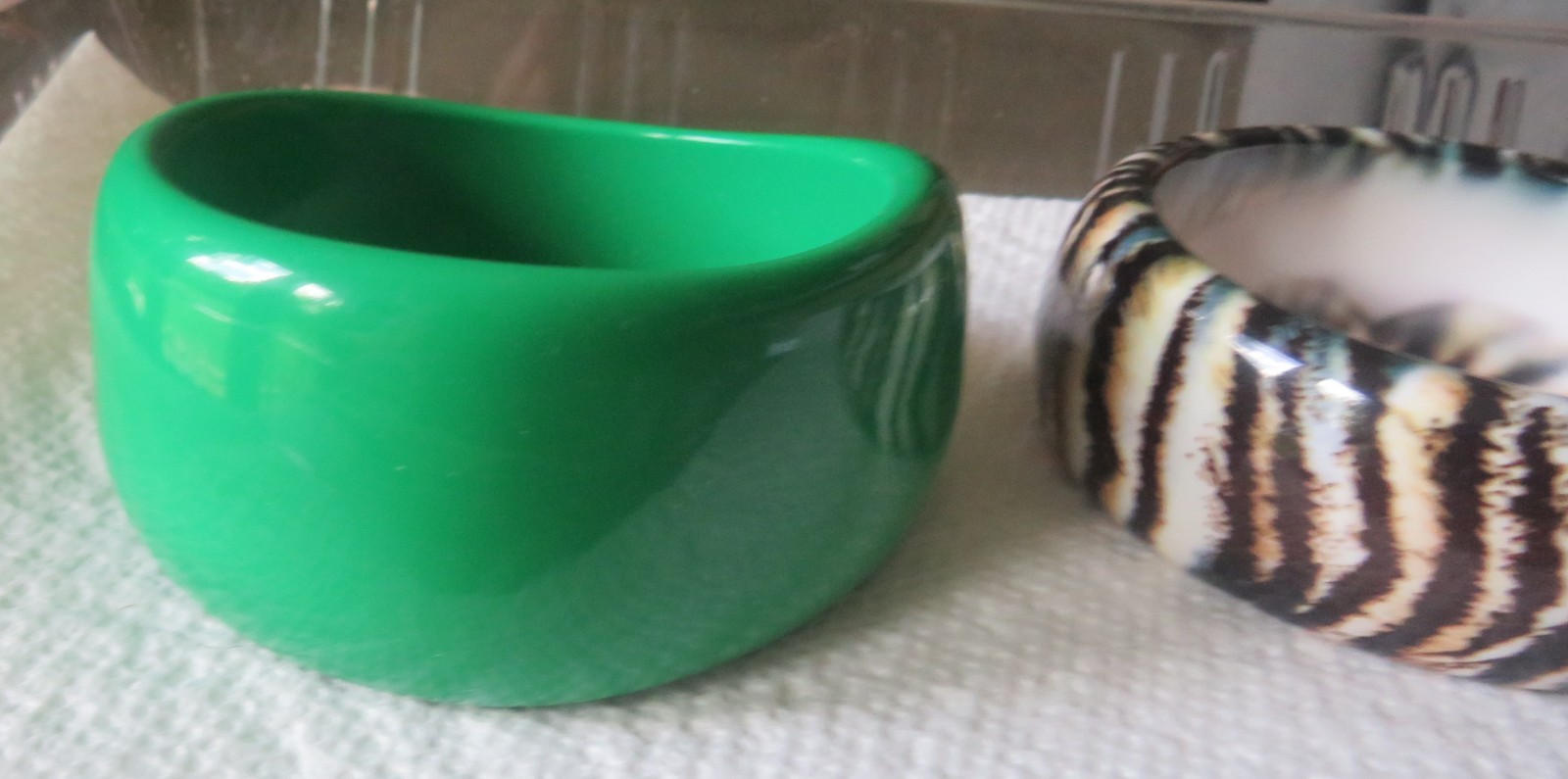 Lot of 2 Bangle Bracelets Green Plus Black Brown White Animal Look Chunky
