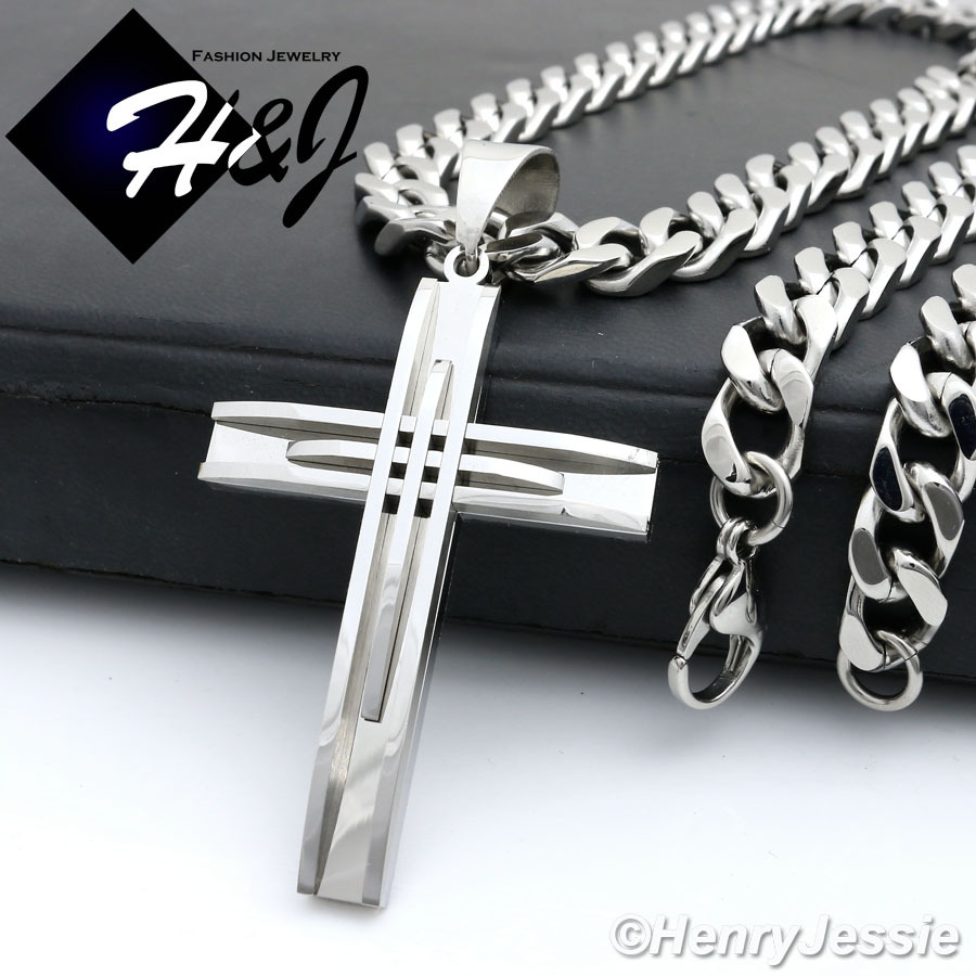 18″-40″MEN Stainless Steel 9mm Silver Cuban Curb Chain Necklace Cross Pendant*A