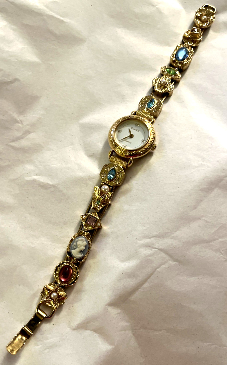 GRUEN Victorian Revival Slider Jeweled Rhinestones Watch New Battery Mint