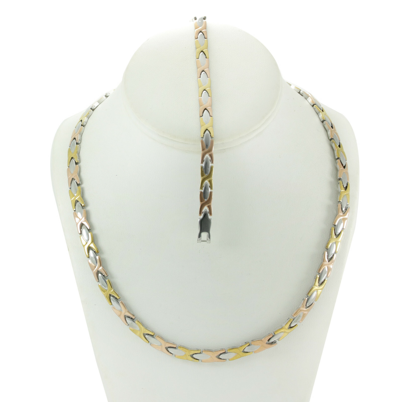 NEW Hugs & Kisses Necklace Bracelet Set Stampato Stainless Steel 3 Tone 18″