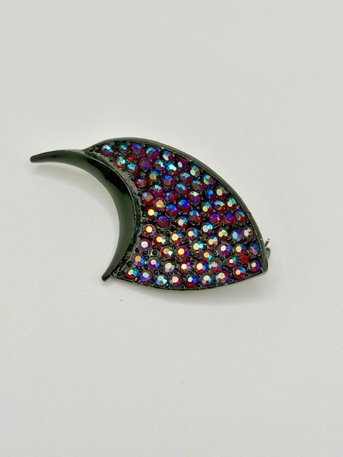 Black and Rhinestone Raven or Crow Bird Brooch