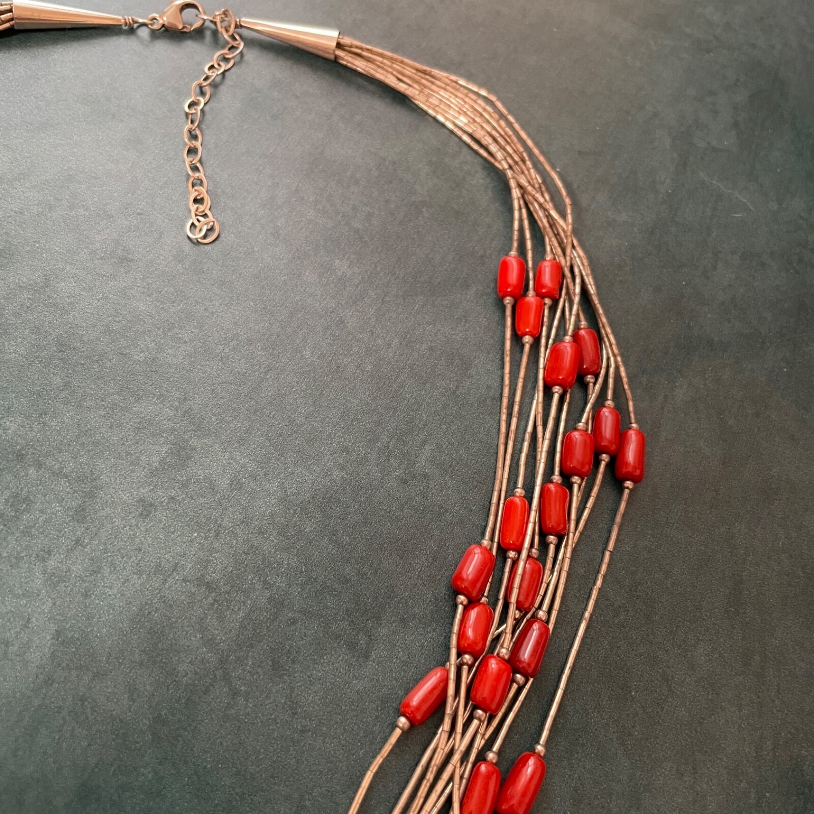 Coral Liquid Silver Necklace 22.5 Inches Sterling Silver 10 Strand Liquid Silver
