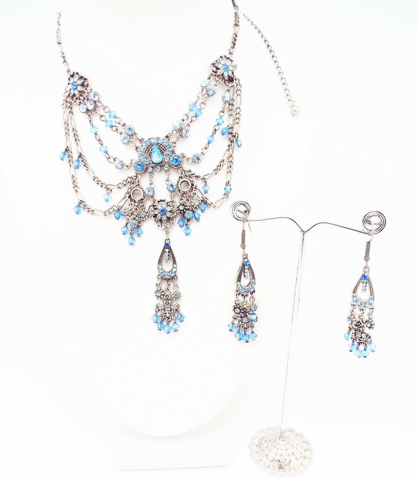 DESIGNER INSPIRED 16 in BLUE MULTI CRYSTAL SILVER VICTORIAN JEWELERY SET NEW