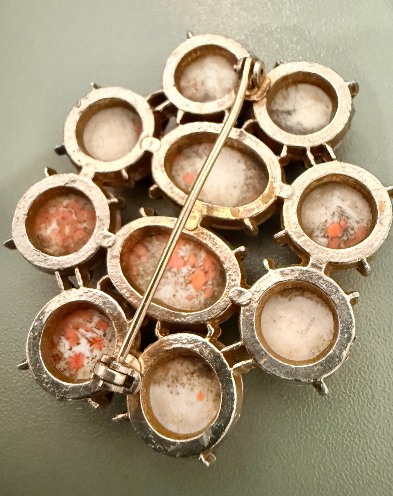 Vintage Brooch Lot of 5– Enamel, Faux Coral Cluster, Resin, Ceramic, Leather