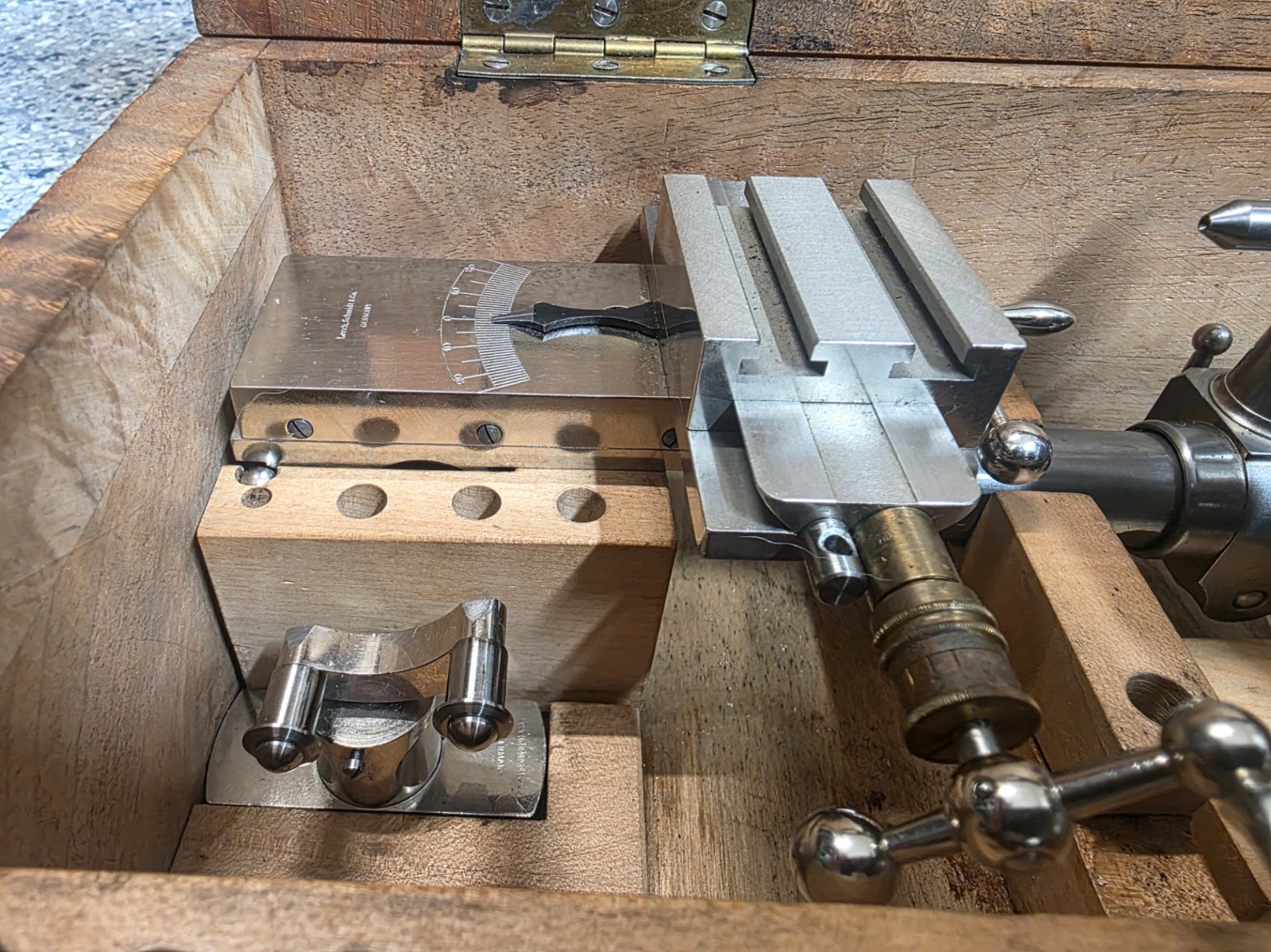 Watchmakers Lorch 8mm Lathe Kit Box Vintage Cross Slide, face plate, original