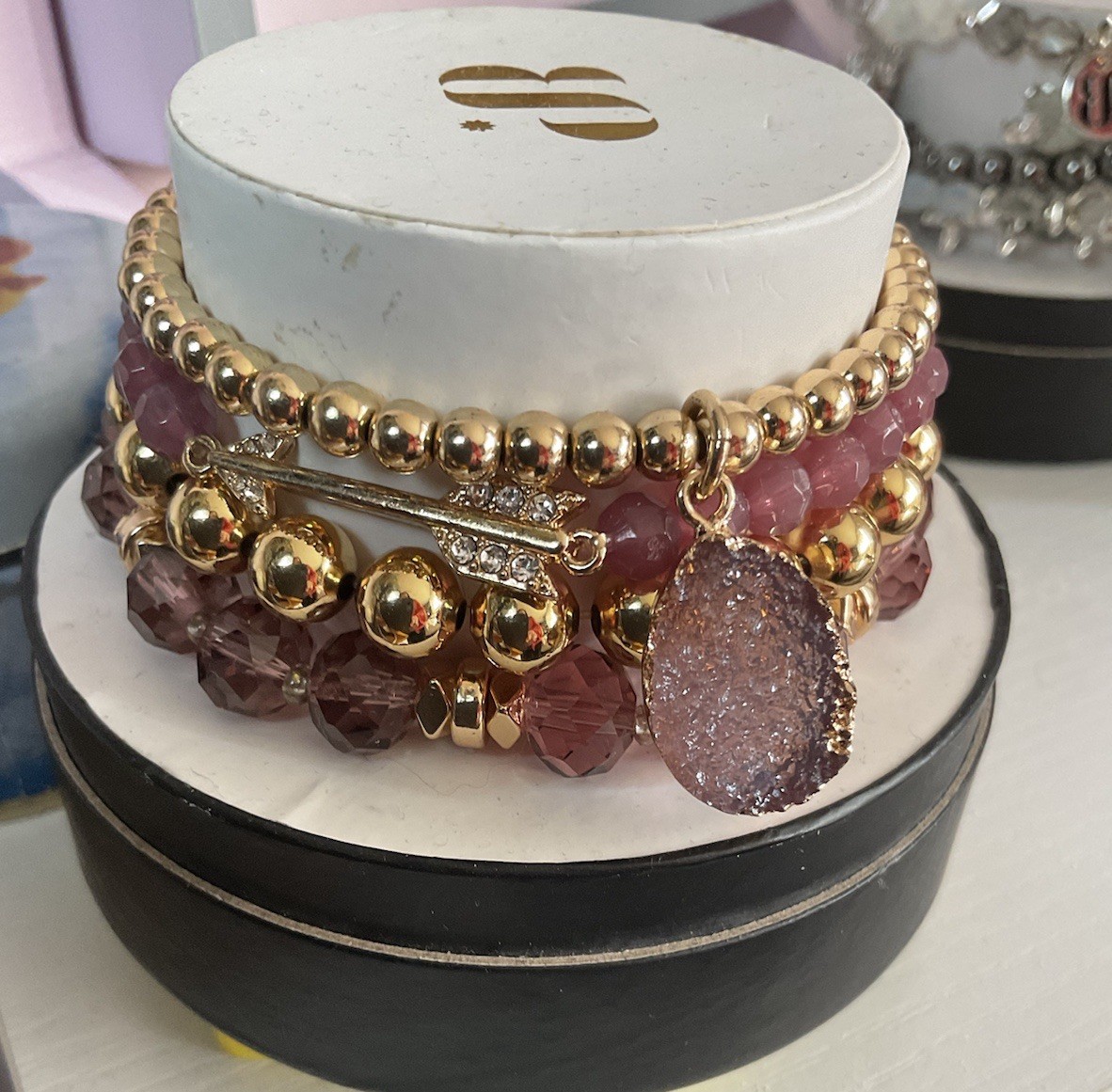 Bomb Party Retro Rose Gold Maroon Beaded Stack W/ Druzy & Arrow Charm