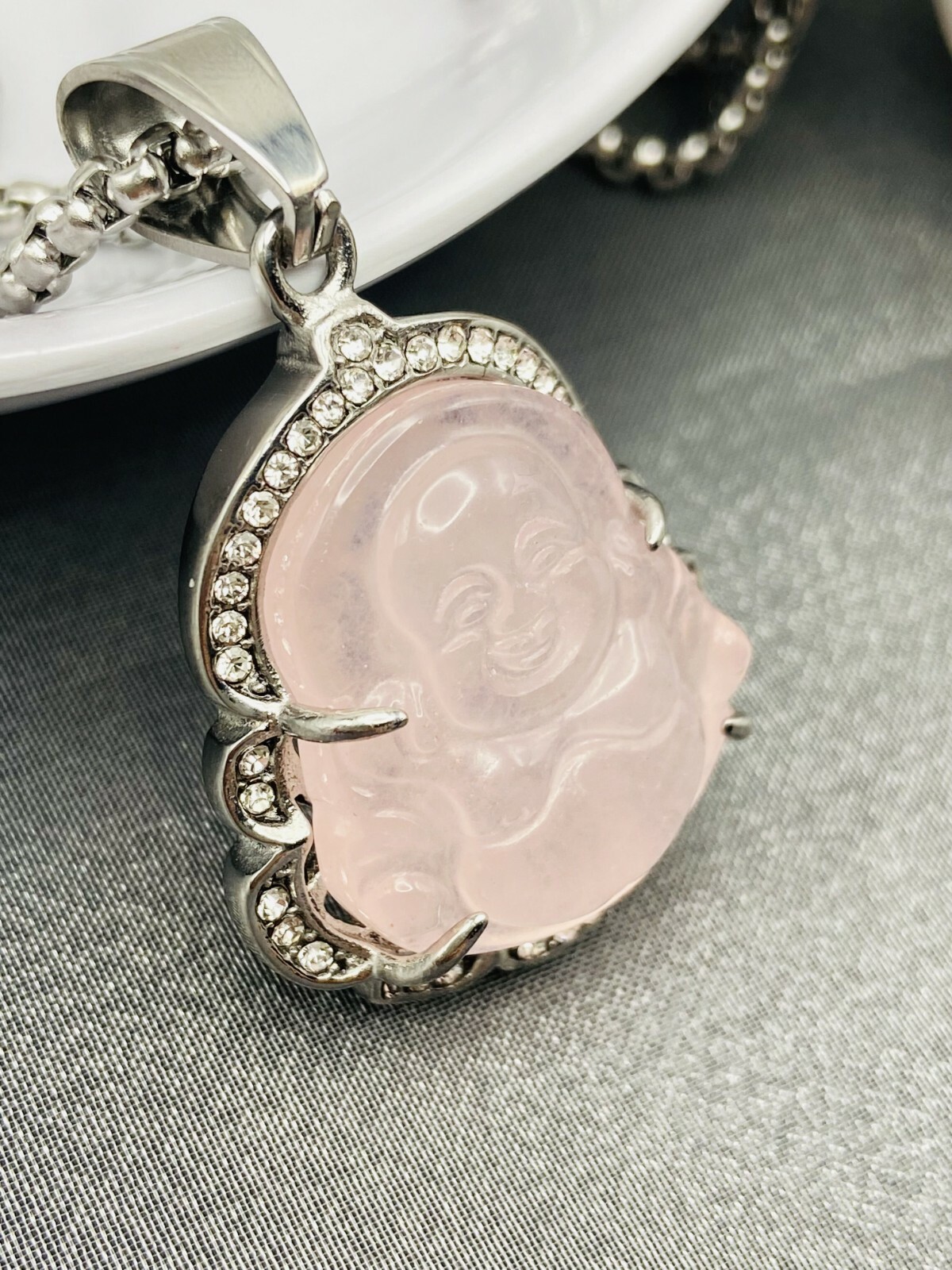 Jade Buddha Pendant Necklace 18K White Gold Plated Crystal Charm Hip Hop Chain