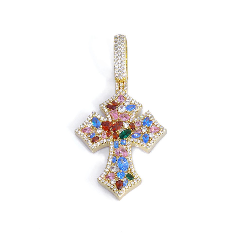 Mens Women Cross Pendant Gold Plated Colorful CZ Pendant Chain Gift Hip Hip