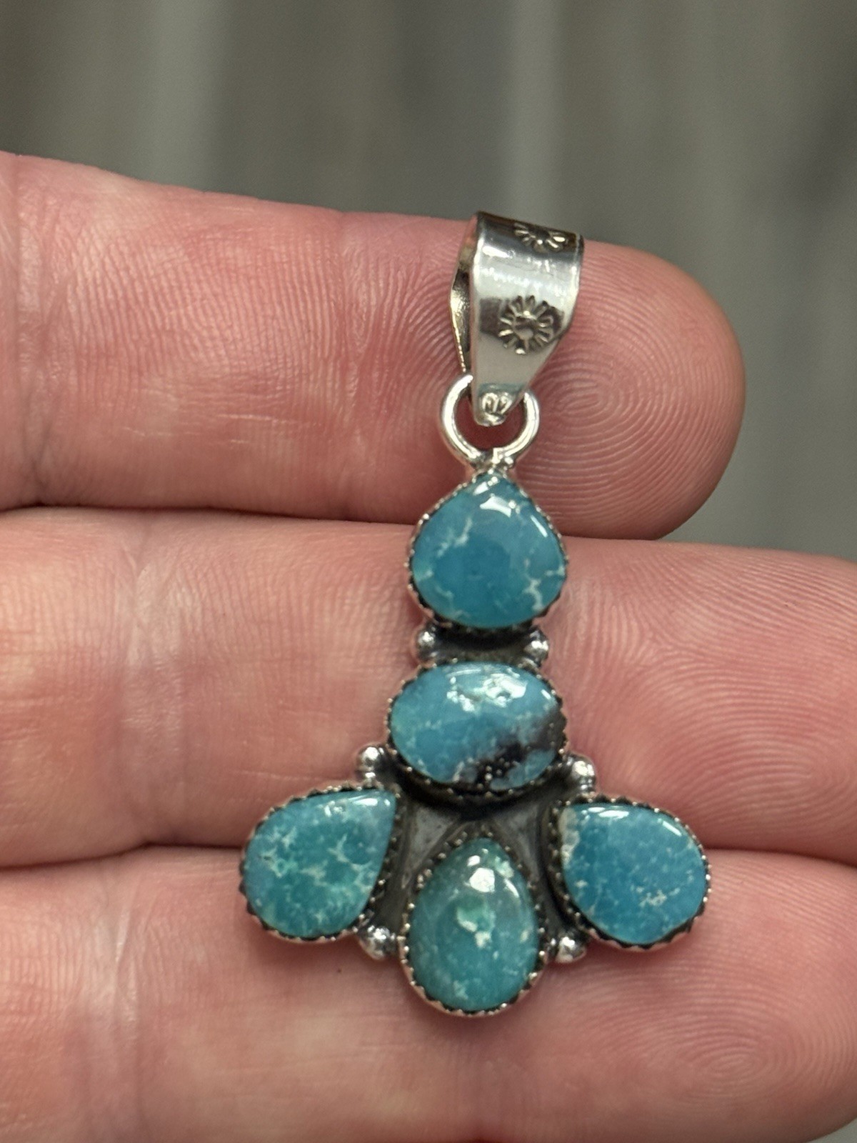 STERLING SILVER WHITE WATER TURQUOISE 5 STONE MIX SHAPE CLUSTER PENDANT .925