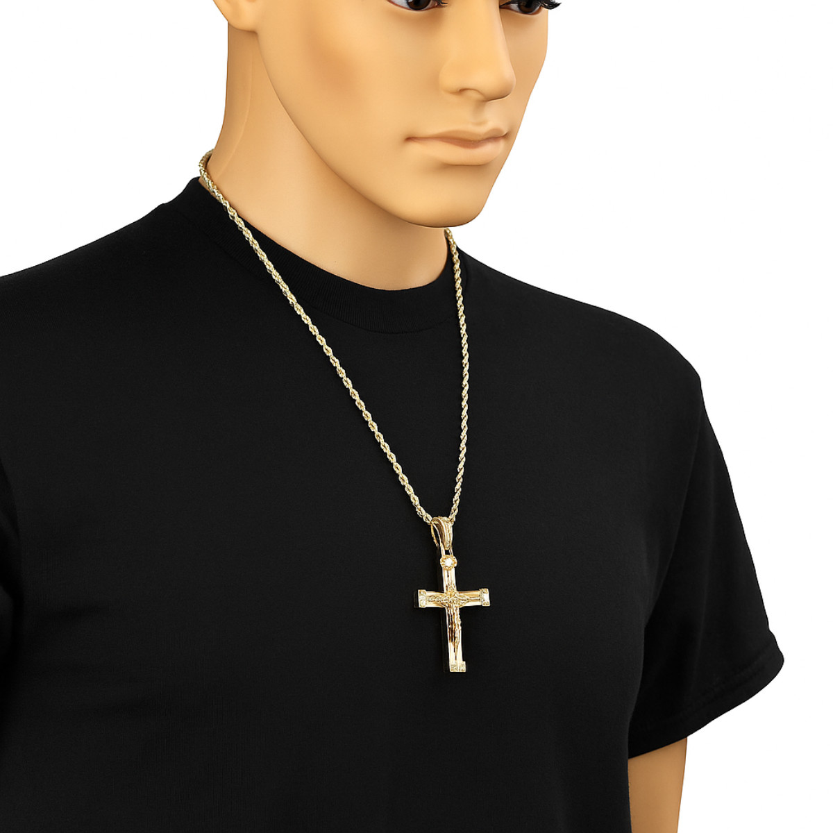 Iced Latin Jesus Cross Pendant Cubic Zirconia 14k Gold Plated Rope Chain For Men