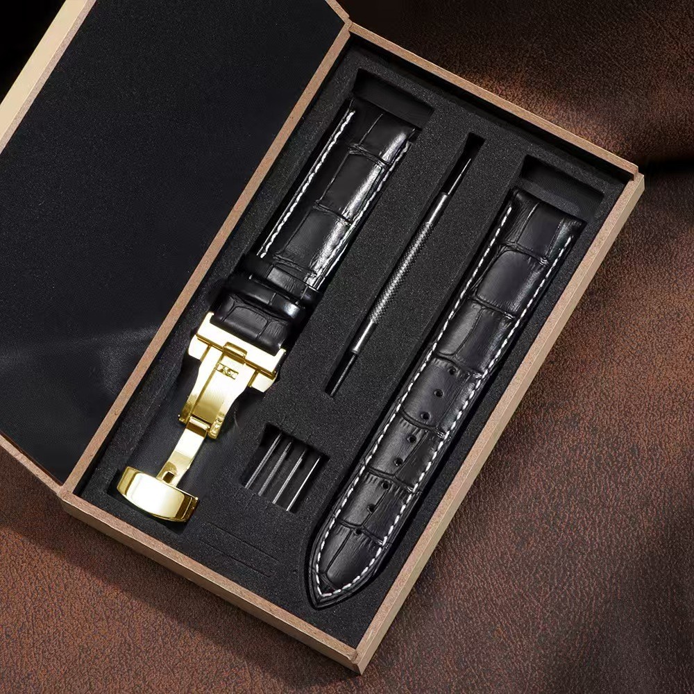 Genuine Leather Watch Band High Quality Cowhide Strap Deployment Clasp 19-24mm