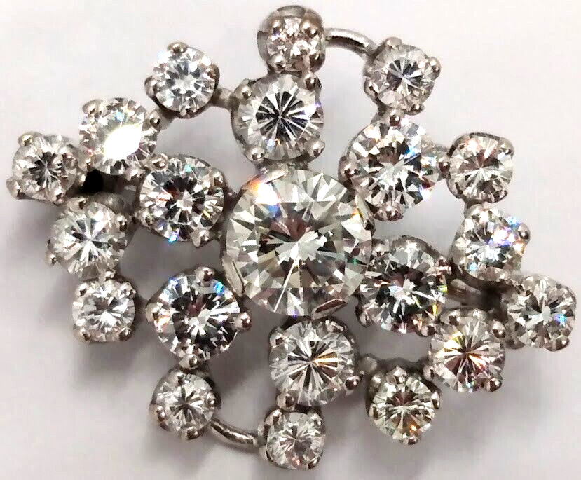 Elegant Vintage Mid-Century Diamond 14K White Gold Pin Brooch Diamond Cluster