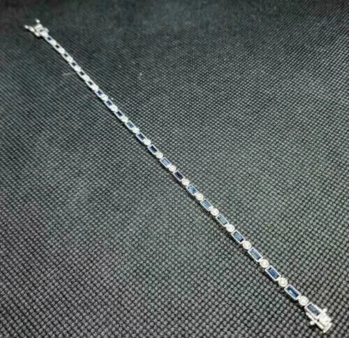 Blue Sapphire & Round Diamond Lab Created Tennis Bracelet 14K White Gold Plated