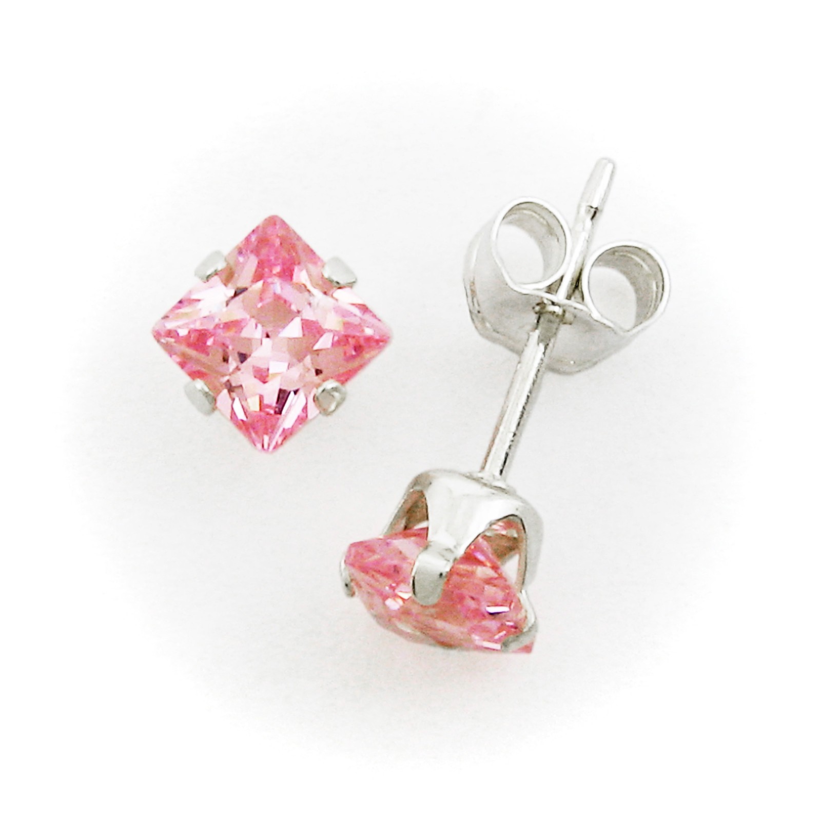4mm Square PINK Post Earrings – SOLID 925 Sterling Silver Settings