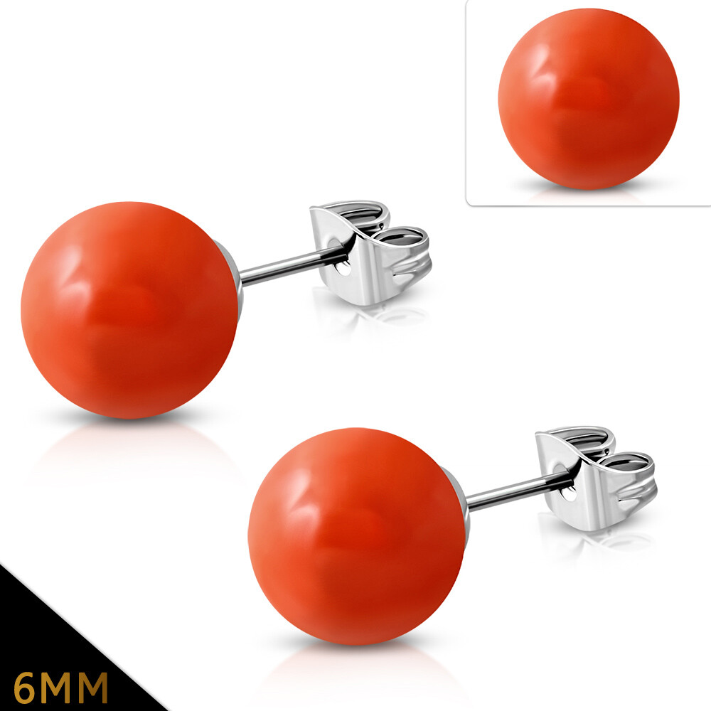 6mm Stainless Steel Orange Resin Ball Stud Earrings pair