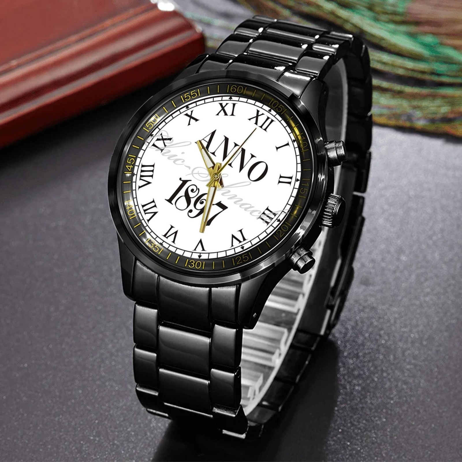 Personalized Anno 1897 schwarz-weiß Heritage Watch Leather Band Case Gift Box