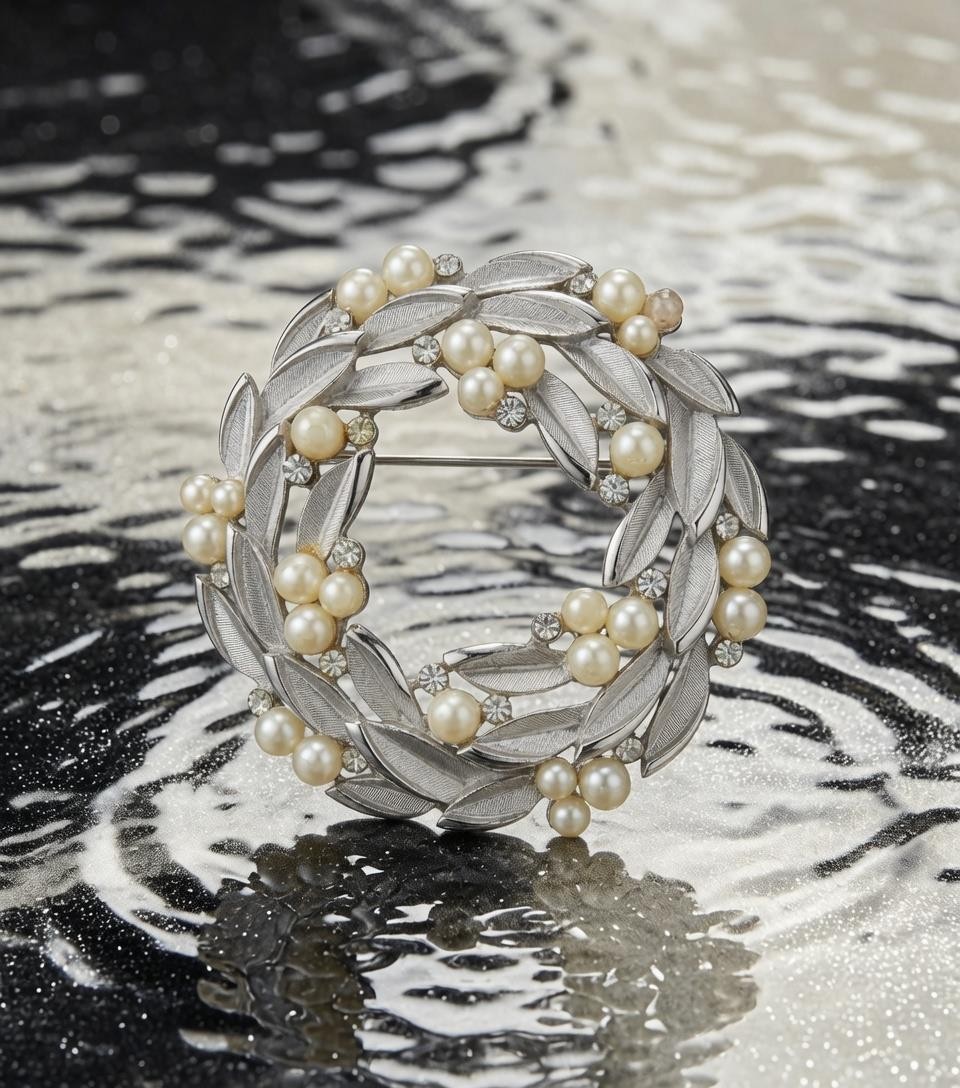 Vintage Trifari Pearl Rhinestone Leaf Wreath Brooch Signed © Mid Century Bling T