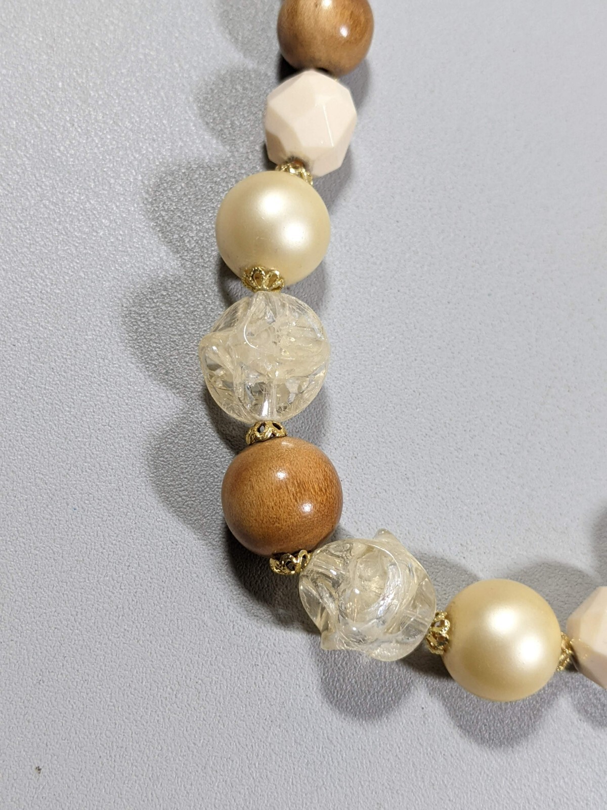 Vintage Ivory Color Brown wood Acrylic Faux Pearl Statement Necklace 28 inches