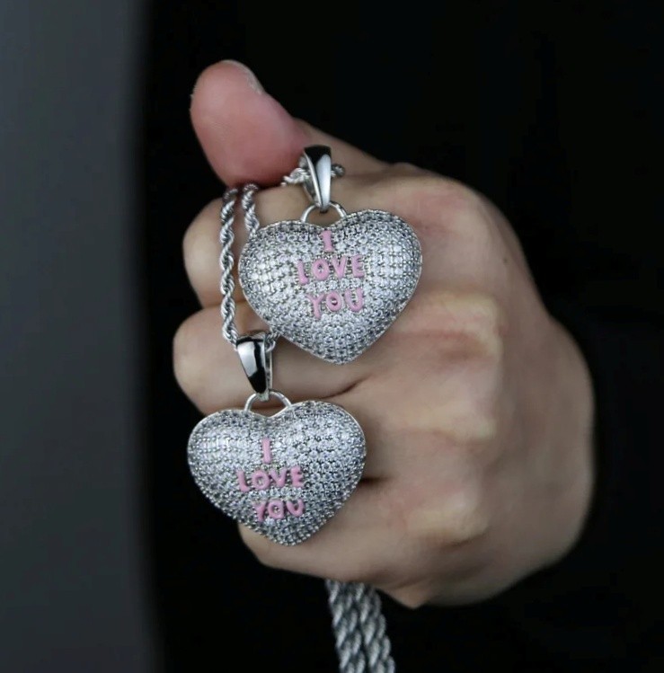 Hip Hop I Love You Heart Pendant Necklace AAA CZ Iced Bling Women Girl Gift Y2K