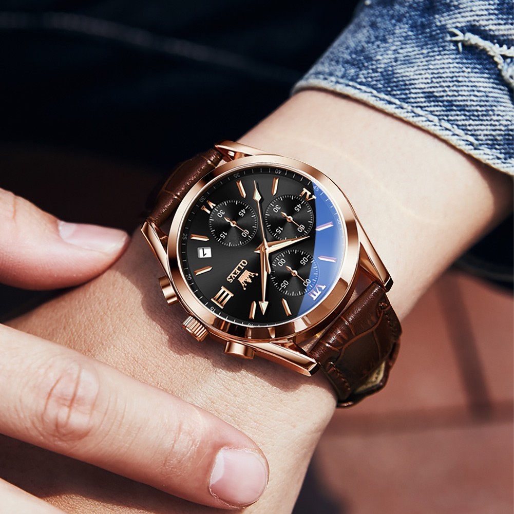OLEVS 2872 Luminous Multifunctional Male Leather Top Quality Quartz Watches