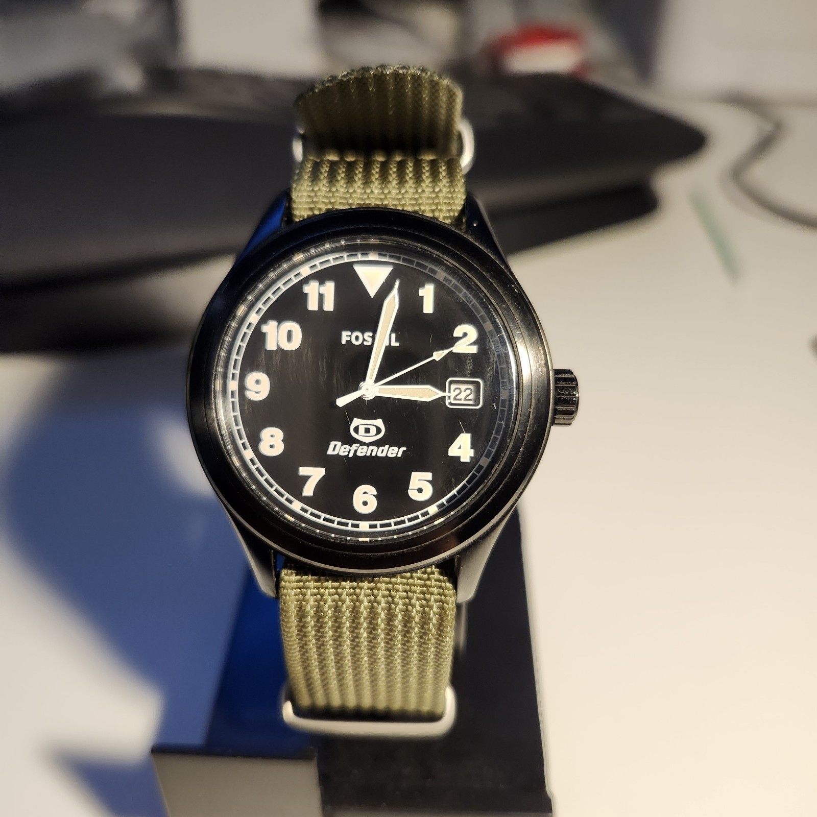 Fossil Defender Black Dial Field Watch with Olive Nylon Strap