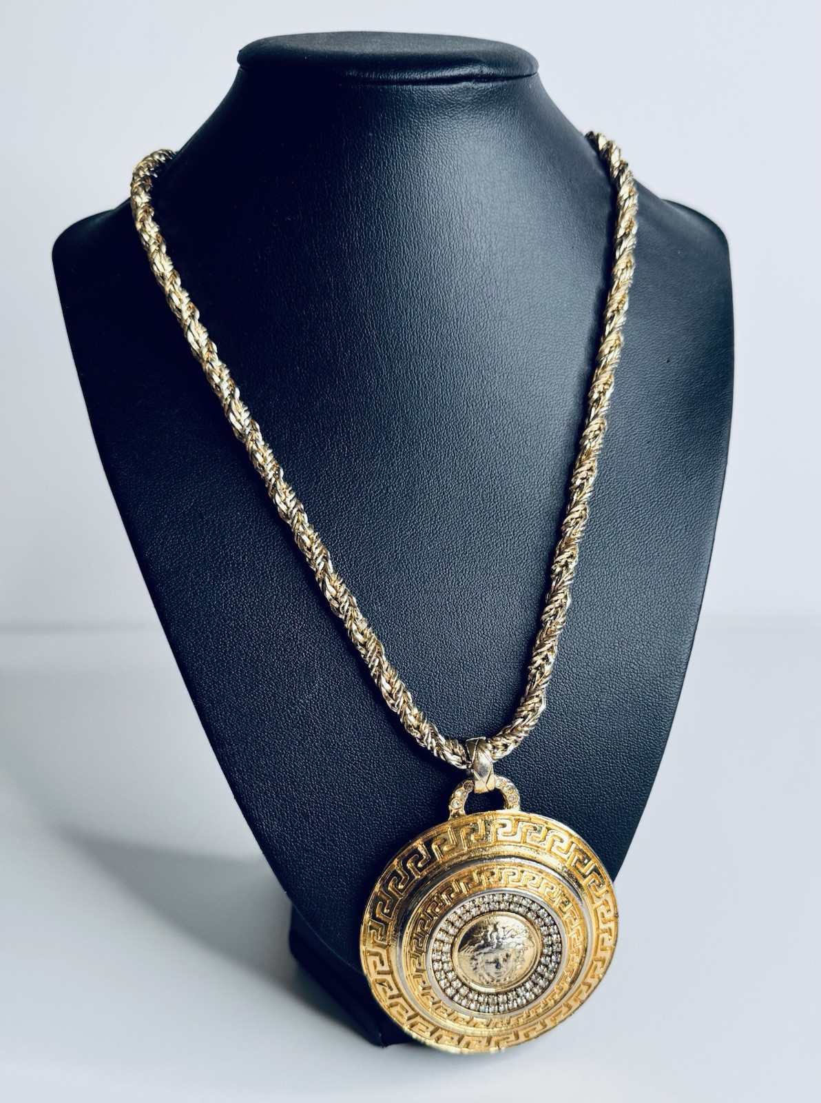 Dior Necklace and Large Pendant Versace Medusa Logo Gold Tone Rhinestones Rare