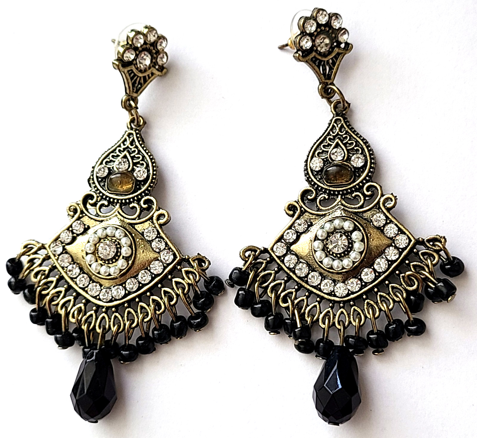 VINTAGE STUNNING GOLD TONE FAUX PEARL LUCITE CLEAR CRYSTAL PIERCED EARRINGS
