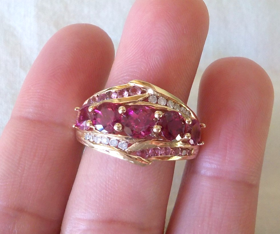 18K Yellow Gold Cluster Pink Gemstone Diamond Ring – 4.36 gms, Sz 6.75, 1.60 ctw