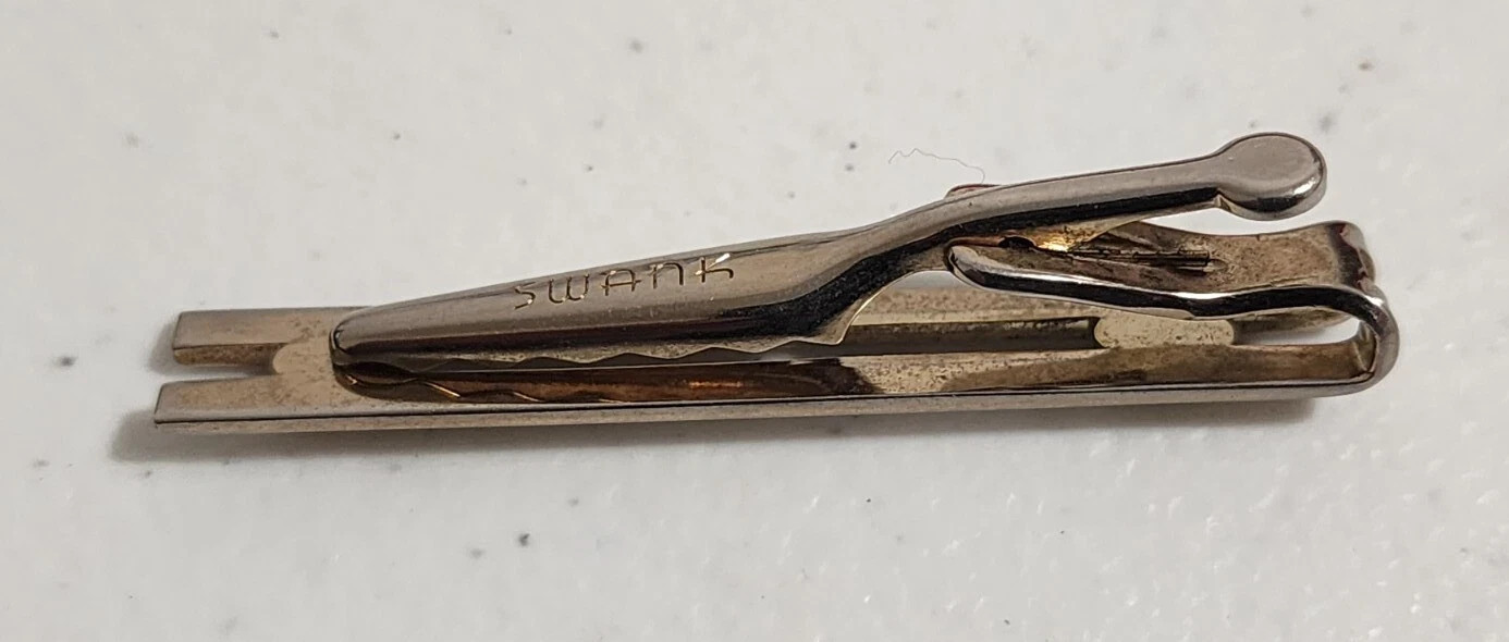 VINTAGE Swank TIE BAR CLIP CLASP STAY Gold Tone 2 Thin Bars Ball Bearing Accents