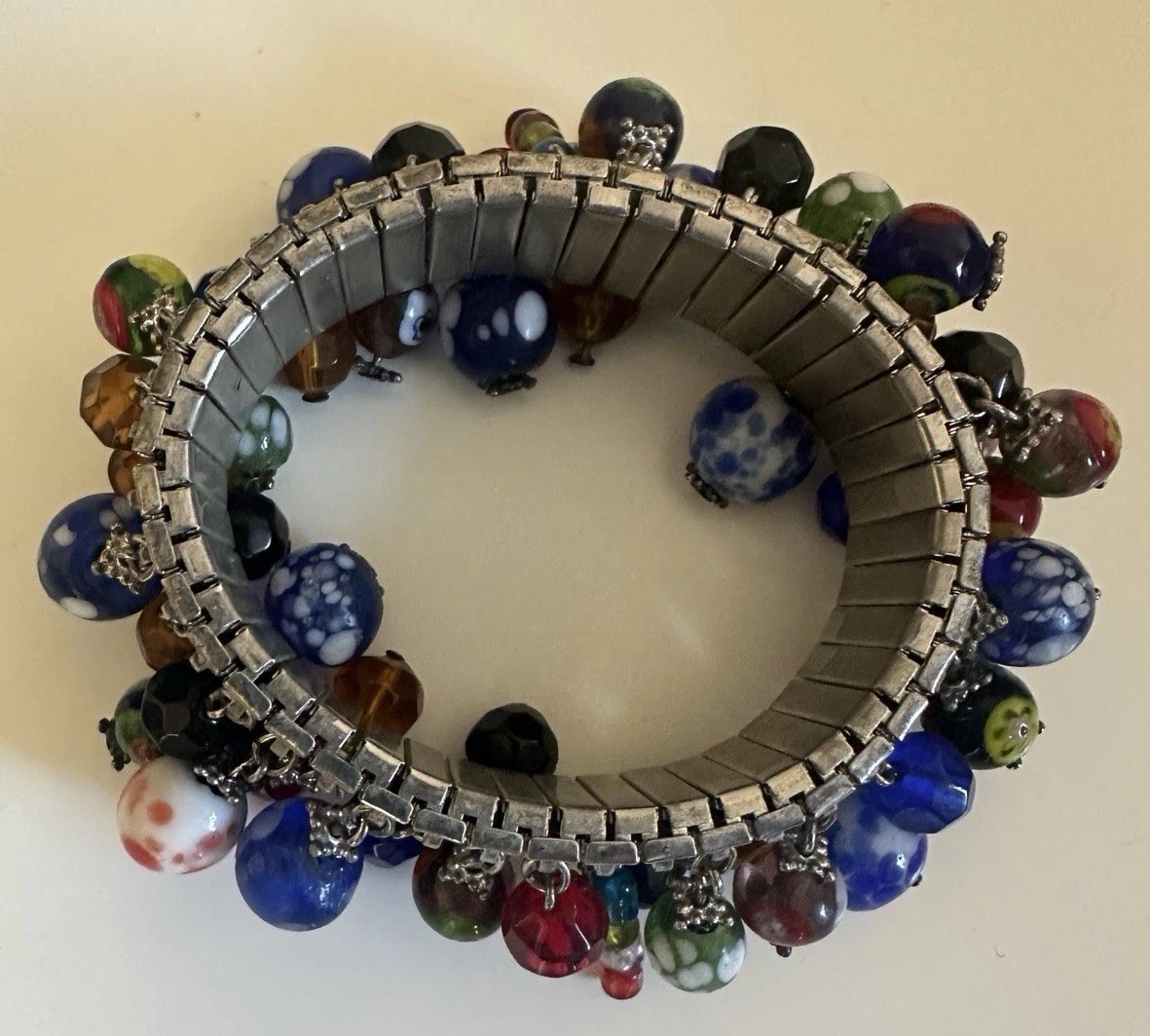 Silver Cuff Bracelet With Glass And Silver Beads (stretch To Fit)