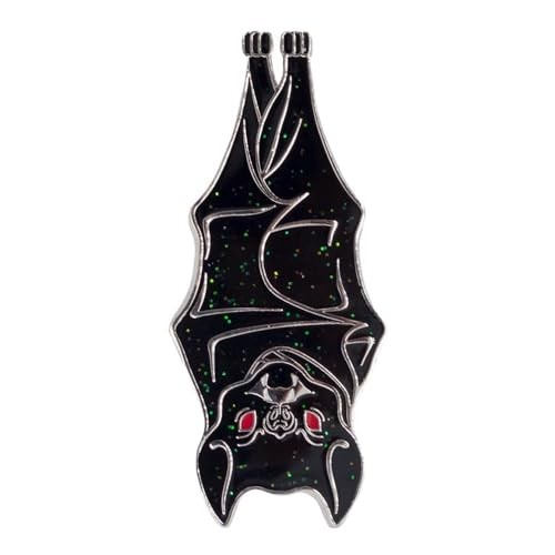 Hanging Bat Enamel Pin, Sparkly Black Gloss Finish, 2 inches