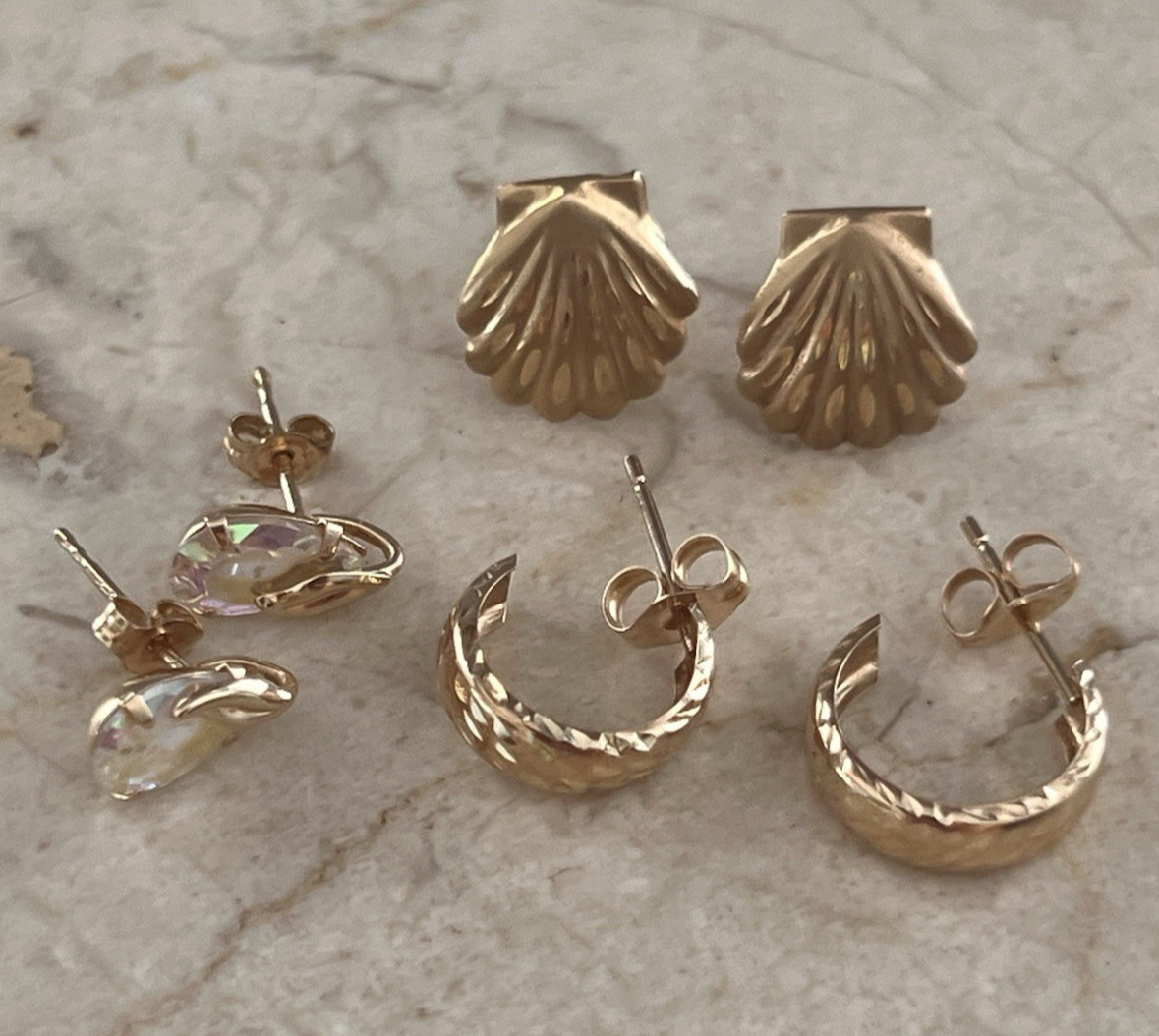 3 Pairs 14K Yellow Gold Dainty Earrings Lot Seashell Etched Hoops & AB Crystal