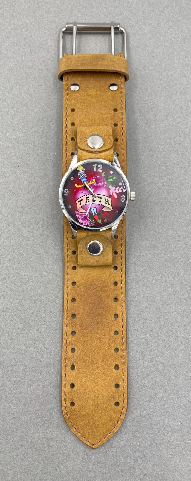 REV “Vintage Ink” Tattoo Art Truth Dial Watch Brown Cuff Leather Band