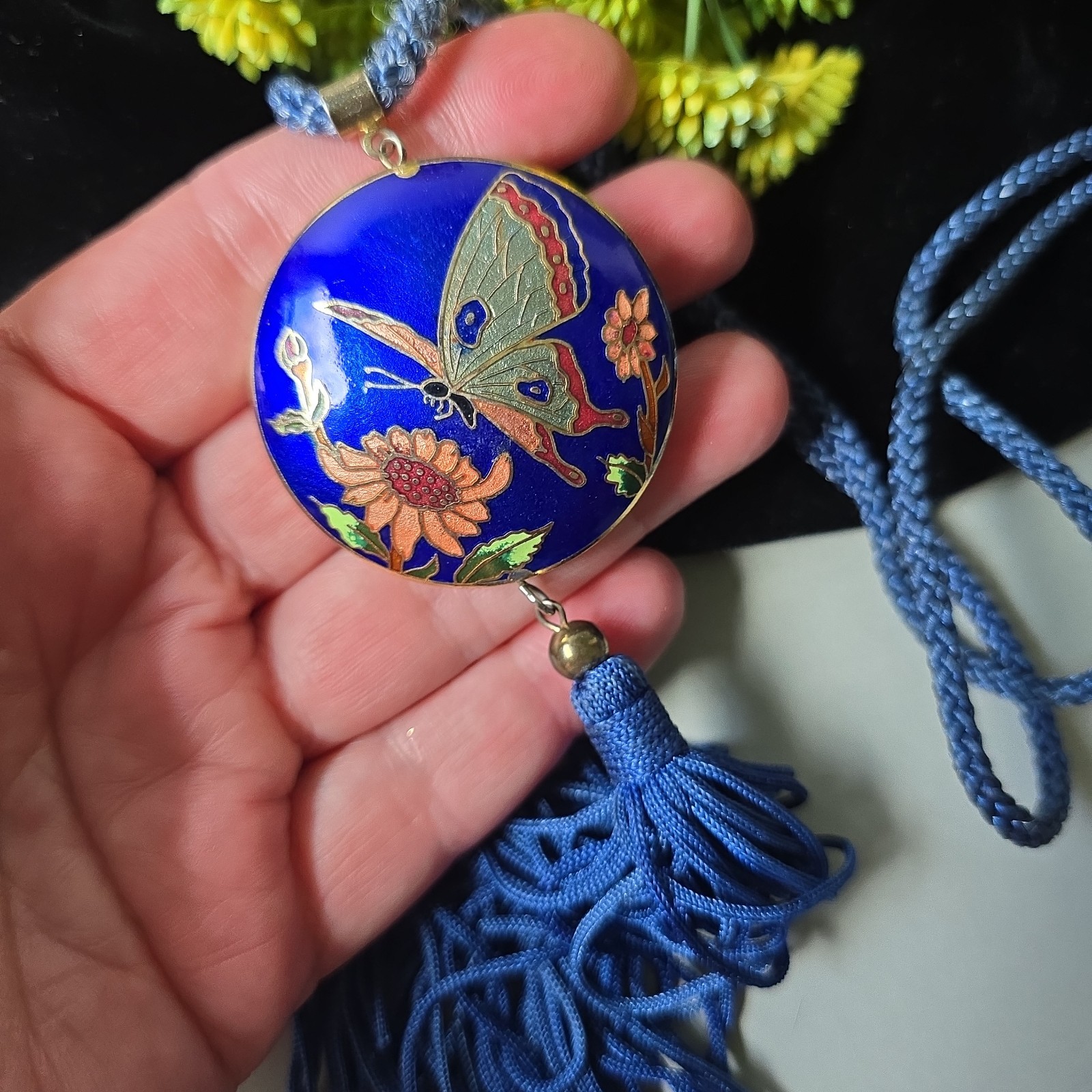 Vintage Asian Cloisonne Butterfly Tassel Pendant Blue Cord Necklace 28″L