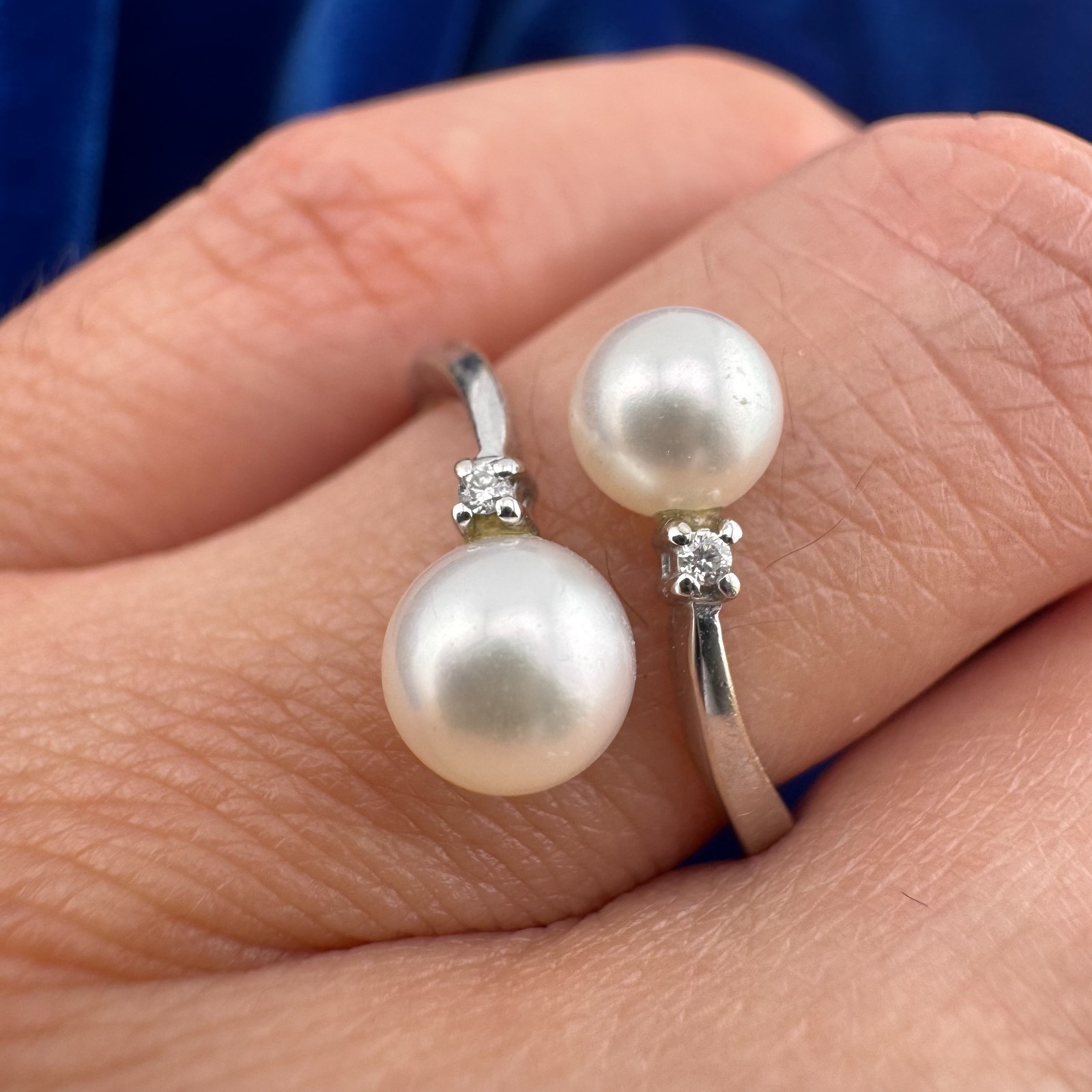 Estate 14K White Gold Pearl & Diamond Bypass Ring, Size 4.5